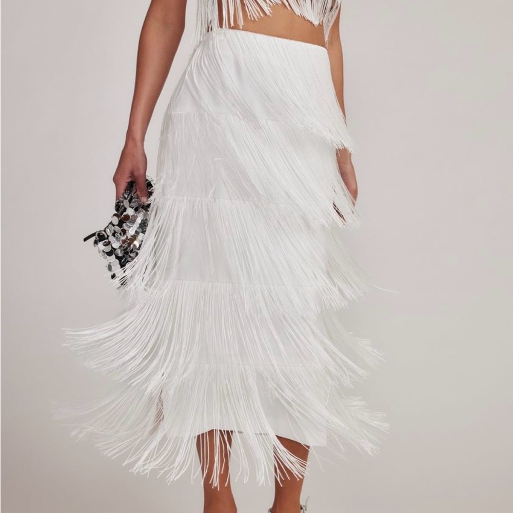 White Fringe Midi Skirt